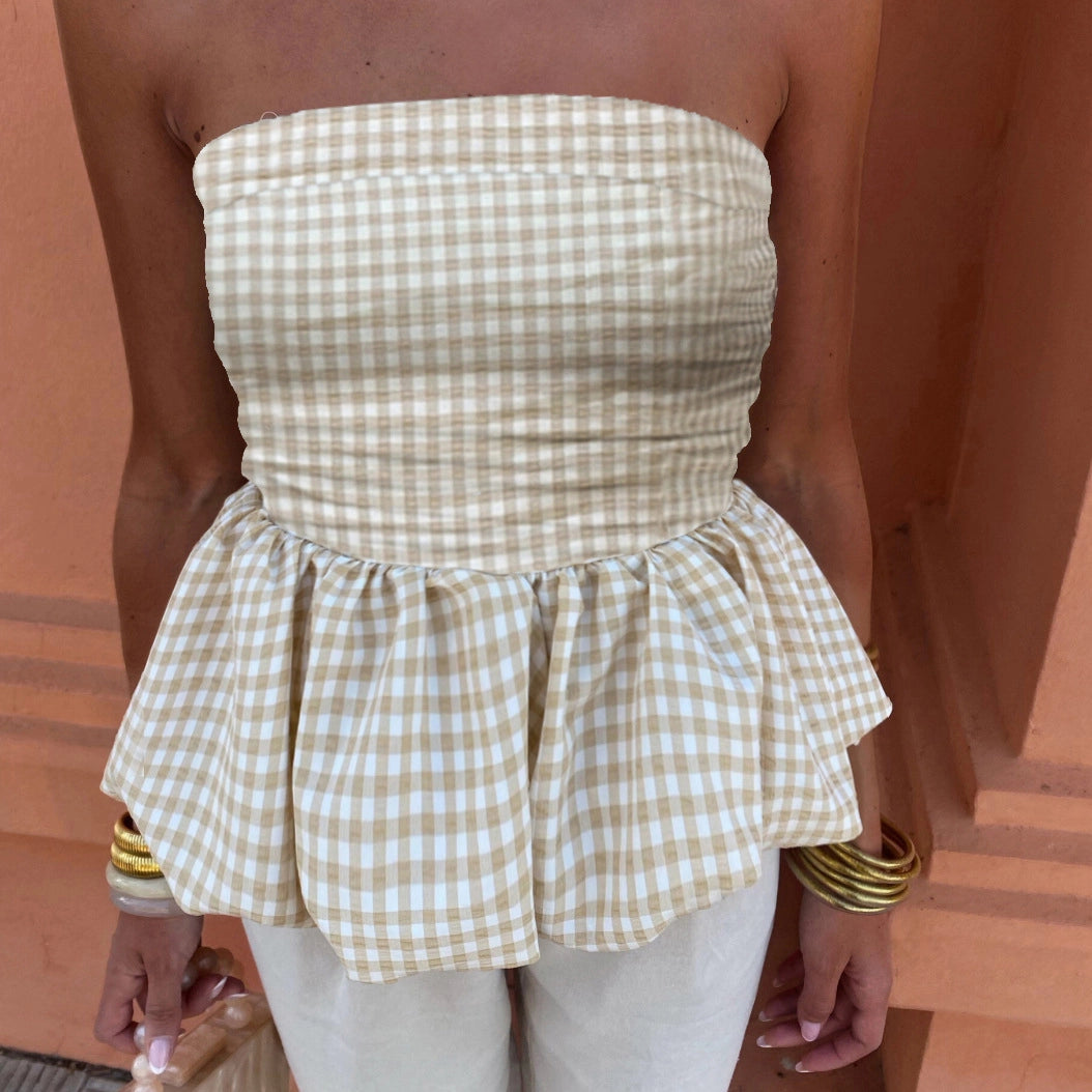 Front view of beige gingham tube top styled
